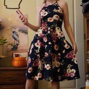 Midi Elegant Navy blue Halter Neck Dress